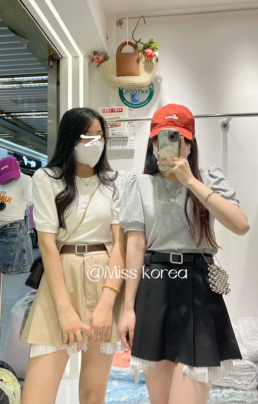 [Miss Korea] round neck bubble sleeve short net color short sleeve T-shirt 6842\hbx