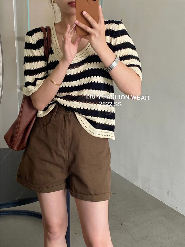 [liu.y] round neck stripe loose short sleeve T-shirt 3527\zjy