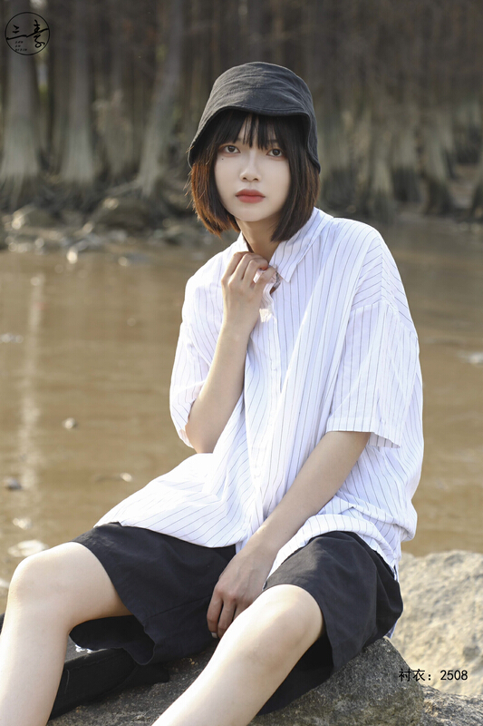 [original three element clothing] simple temperament casual Stripe Shirt 2508