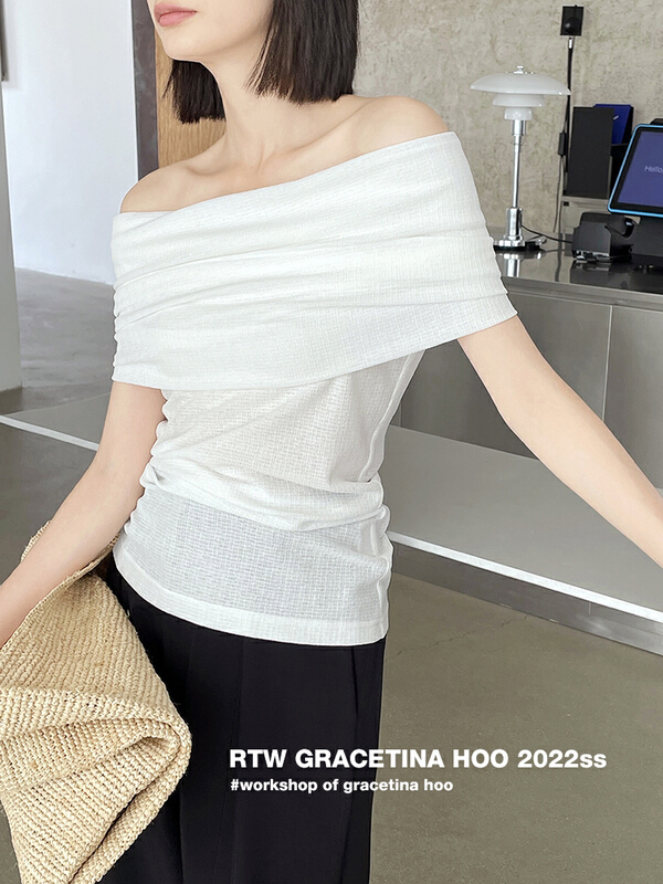 [gracetina Hoo] design clean color straight neck off shoulder short sleeve T-shirt (slightly wrinkled texture) t2174\zxl