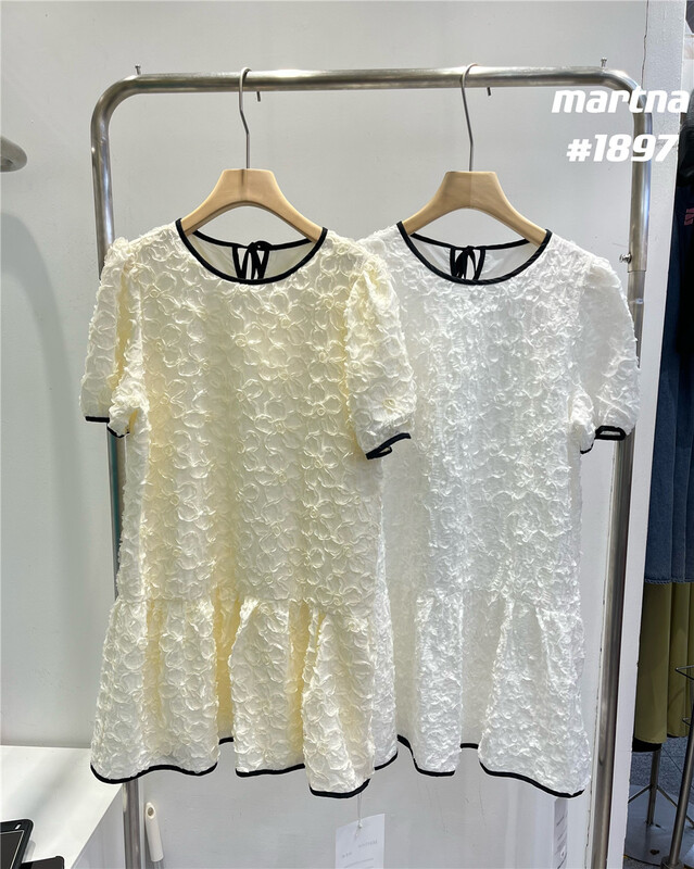 [Martina] round neck bubble sleeve color contrast dress ys1-1897\xyy