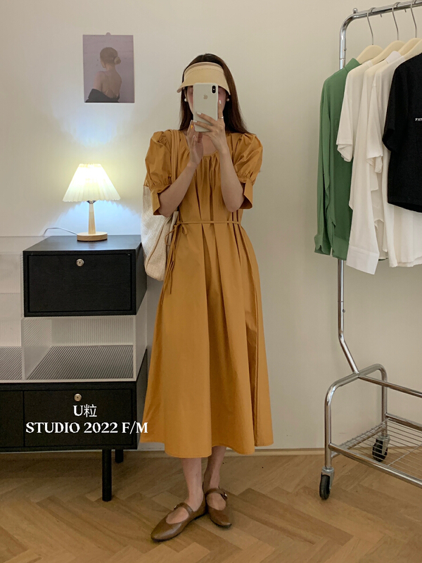 In early summer! [U grain] simple Korean solid dress (with waist rope) 5372\hbx