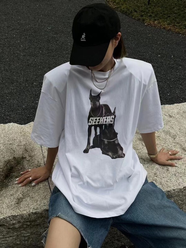 [c.h.z] casual style simple and versatile Dog Print shoulder pad short sleeve T-shirt 90788\wtt
