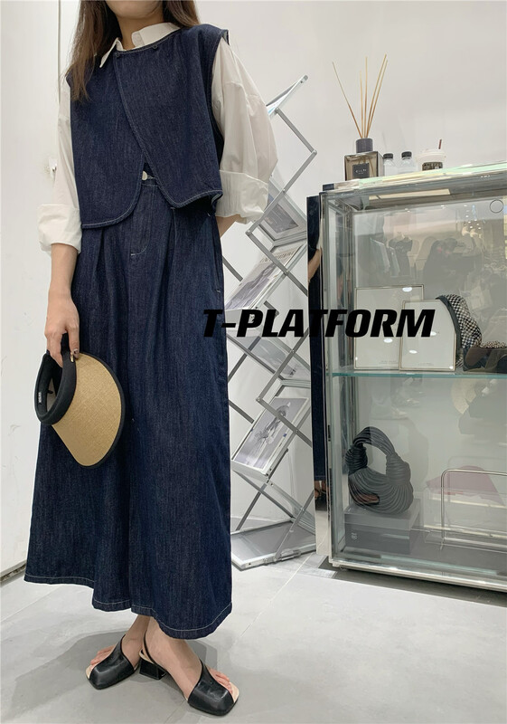 [t-platform] retro short denim vest + medium length loose skirt suit 8395\zxx