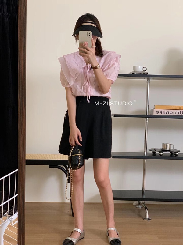 [m.zi studio] slim temperament double layer lace up baby collar shirt 5862\hbx