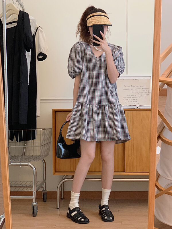 [RN] Korean retro crimp texture bubble sleeve solid color Plaid Dress 81165\ll