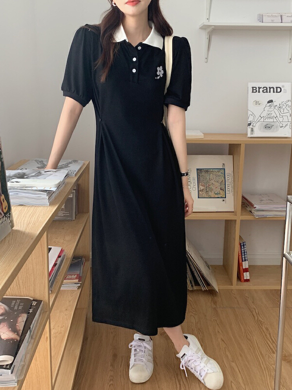 【 bobi 】 casual contrast embroidered polo collar long dress 8958-1\hjy