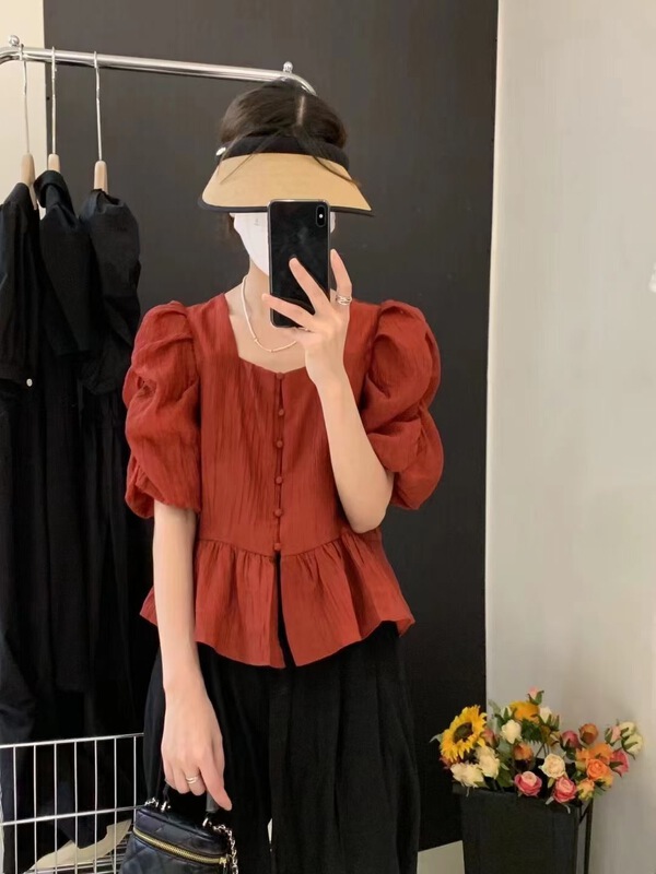 [m.zi studio] square neck thin bubble sleeve shirt 5903\hbx