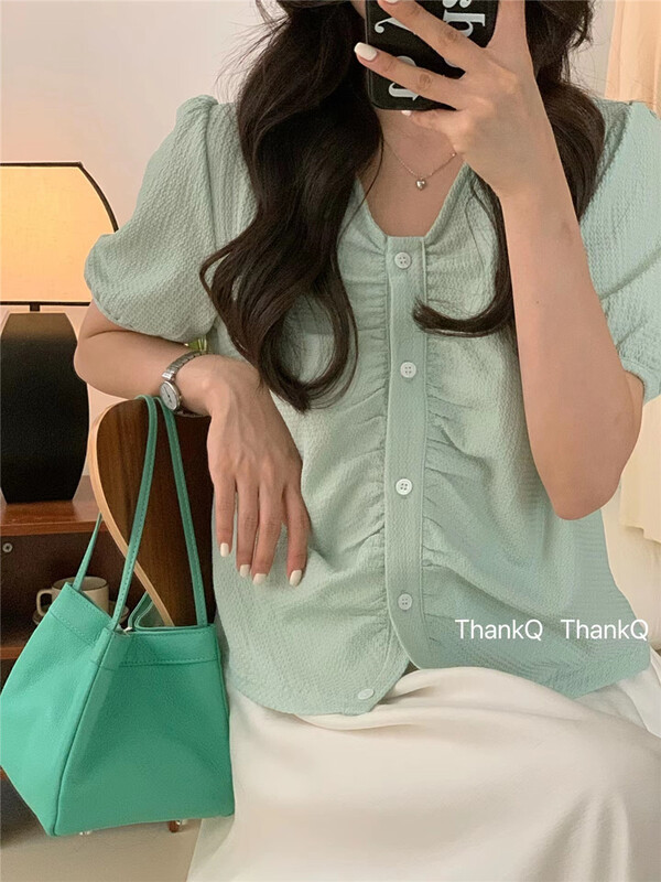 [thankq] V-neck small fresh pleated shirt 6938\zjy