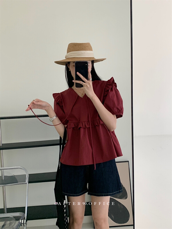 [after.90] sweet aging V-neck tie design loose shirt ys2-9923\ll