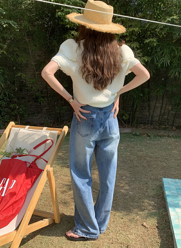 [onivinage oni] Korean version slim high waist strap straight wide leg jeans (with waist rope) ys1-ol222j4792\zxl