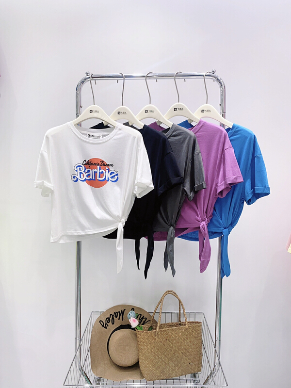 [qixuaner] casual hot stamping side strap waist closed short sleeve T-shirt 2697\lsw