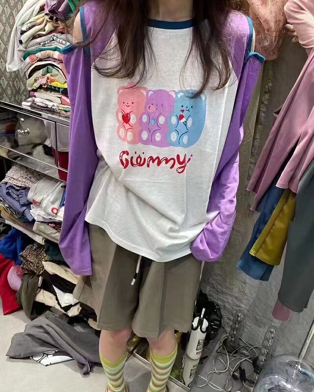 [Xiaolu family] round neck loose color block off shoulder sunscreen shirt 80671\wtt