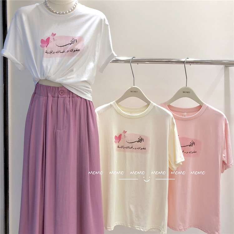 [Momo] Korean casual letter Sakura short sleeve T-shirt 3905\hbx