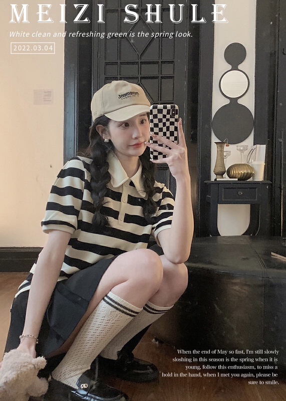 [y.jia EJA] Cherry simple Polo neck stripe short sleeve + versatile high waist pleated suit ys2-5565\pcz