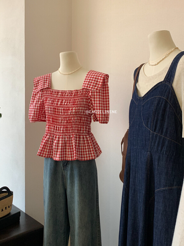 [Imiss] retro small square neckline thin plaid shirt (only selling small shirts) cx10111\lsw