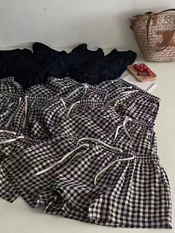 [hey Bella] simple check lace up elastic waist casual shorts 1381\ll