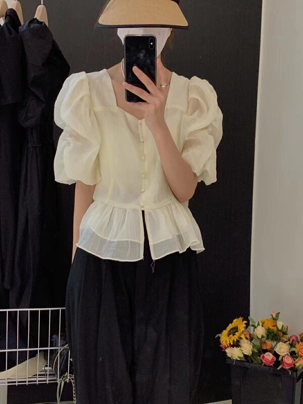 [R n] Korean French bubble sleeve chic short square neck shirt 81326\ll