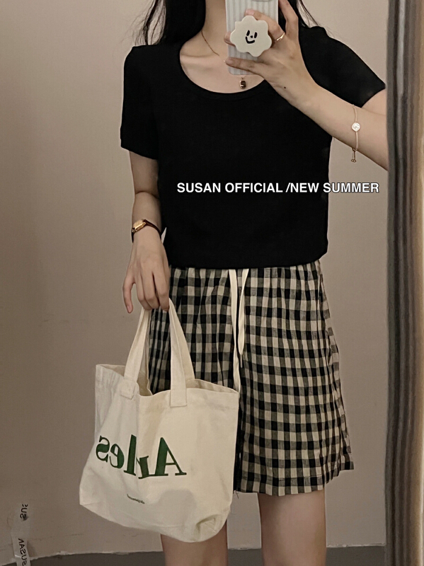 【 Susan 】 Korean slim Plaid lace up casual shorts 19113\lsw