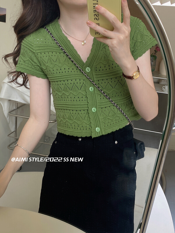 [aimistyle] loose V-neck hollow out knitted cardigan 66379\hbx