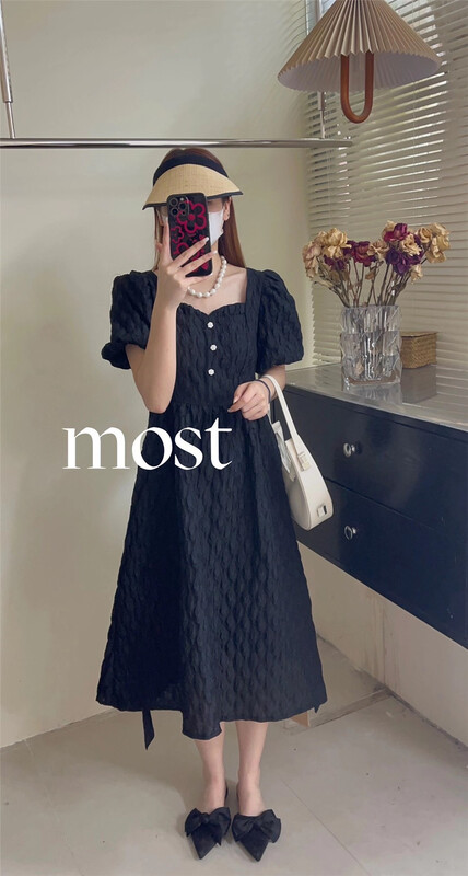 [Mr.Z] square neck waist closing bubble sleeve temperament dress 97208\zjy
