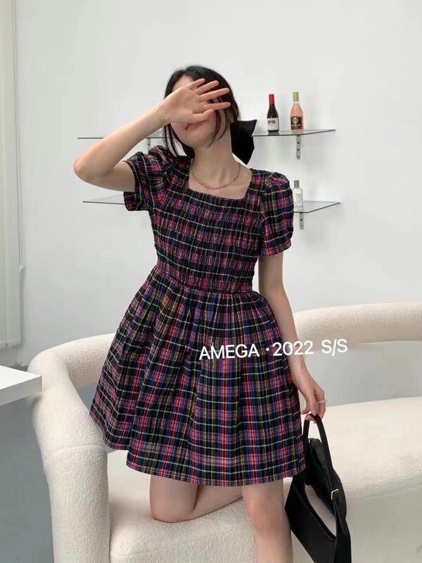 [amega] Korean checkered square neck dress 6285\hbx