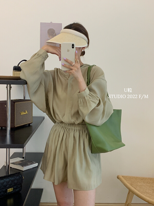 [U grain] dongdamen new Tencel hooded sunscreen shirt + casual Shorts Set 5856\hbx