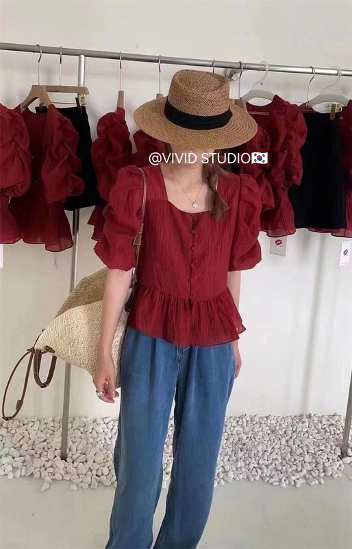 [vivid] short sleeve button up Square Neck Shirt 1733\zjy