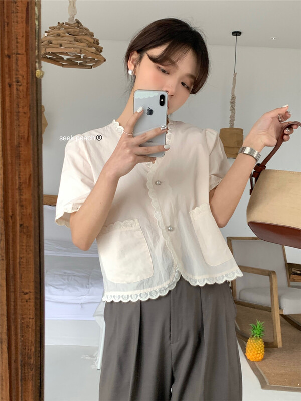 [seek peach] casual simple V-neck button up blouse s5101\ll