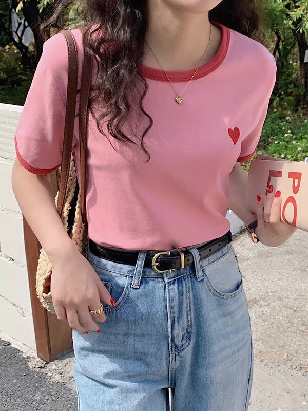 [blue show] Korean embroidered love color blocking short sleeve T-shirt 1030\lsw