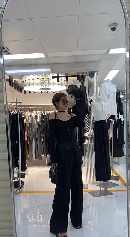 [semi plain] off shoulder collar long sleeve pure black shirt w808\zjy