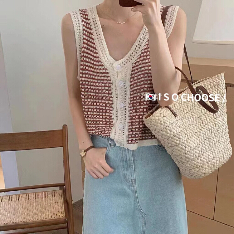 [ISO Korean] contrast stitched hollow out breasted vest / sling 7264\hjy