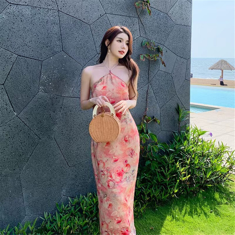 [clothing] retro sexy neck hanging halo dyed split dress (with detachable chain) 978\pcz