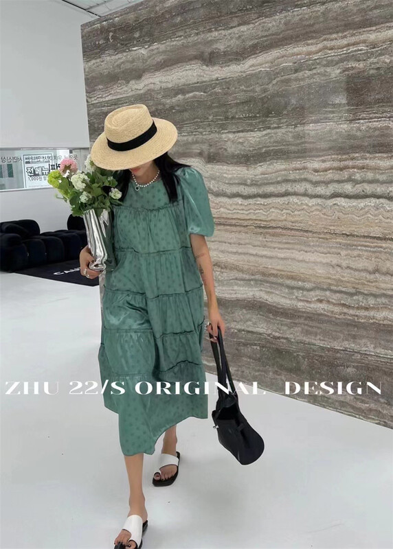 [Zhu] elegant pleated design Polka Dot Lantern Sleeve Dress 22502\lsw