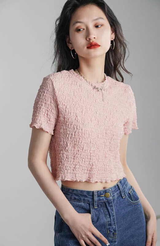 [f · P] simple solid color round neck short shirt 11120\hbx