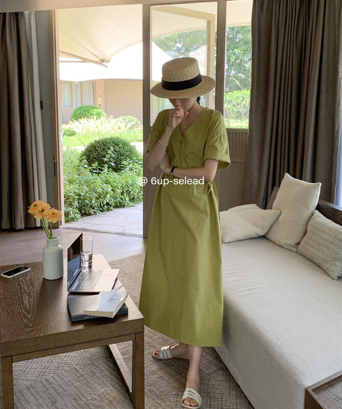 [6-up] Korean solid V-neck mid length dress (with waist rope) 68296\xj