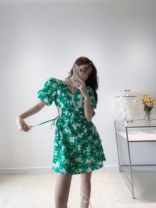 [Vanessa] foreign style sunflower waist broken design dress 6290\ozq