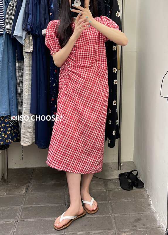 [ISO Korean] niche check slim fit bubble sleeve dress 3199\hjy