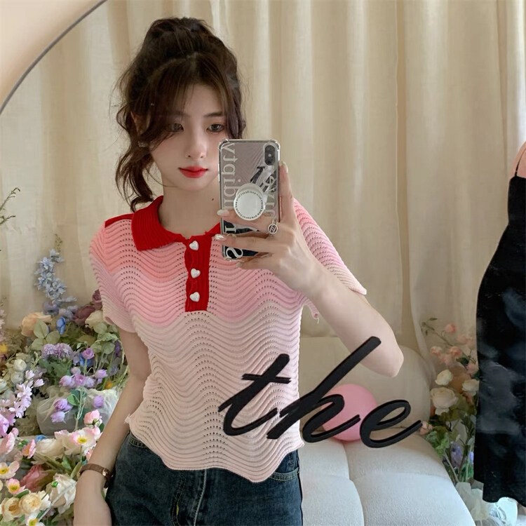 [f · P] pure desire Lapel short style color blocking T-shirt a495\hbx