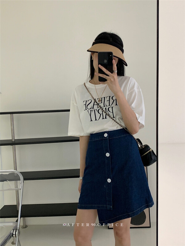 [after.90] letter round neck short sleeve T-shirt + lady single breasted Skirt Set (T-shirt + skirt only) 6780\ll