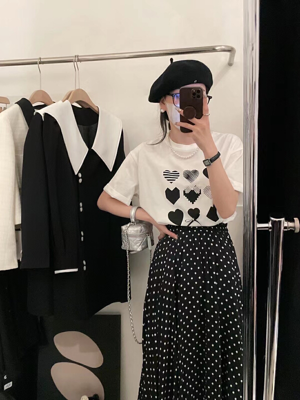 [y.jia EJA] love printed short sleeve + high waist elastic wave point skirt set ys1-8918\pcz
