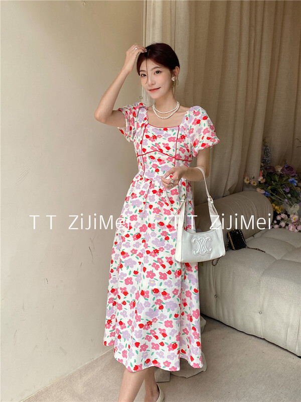 [self beauty] Korean lady printed high waist dress 6291\hjy