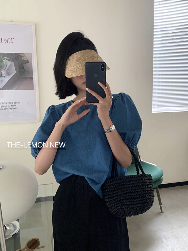 [lemon green tea] fresh and simple bubble sleeve denim shirt 2185\hjy