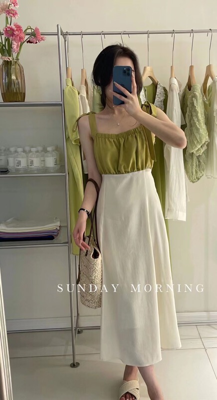 [Sunday morning] fresh and simple color matching lace up long sleeveless dress 9170\zjy