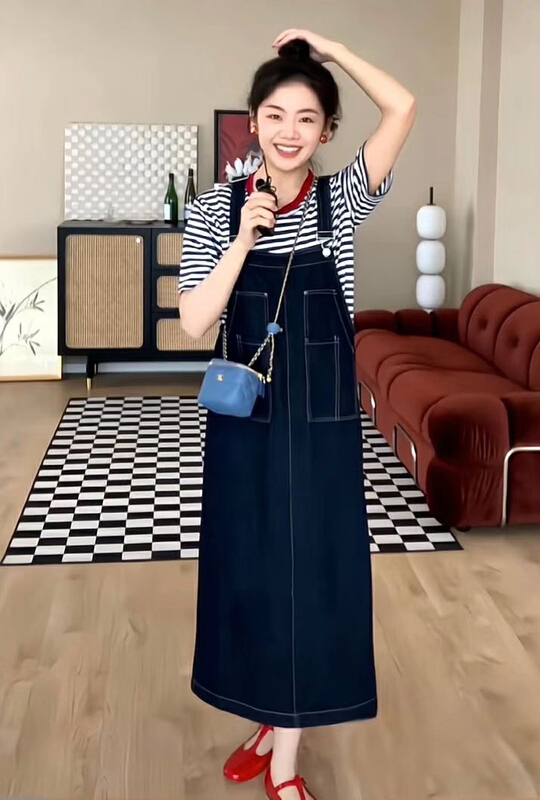 [JH] net red stripe short sleeve T-shirt + wash cowboy strap skirt set 41906\pcz