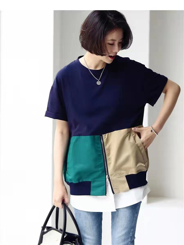 【 monob 】 round neck splicing fashion Pullover short sleeve T-shirt 212000\l