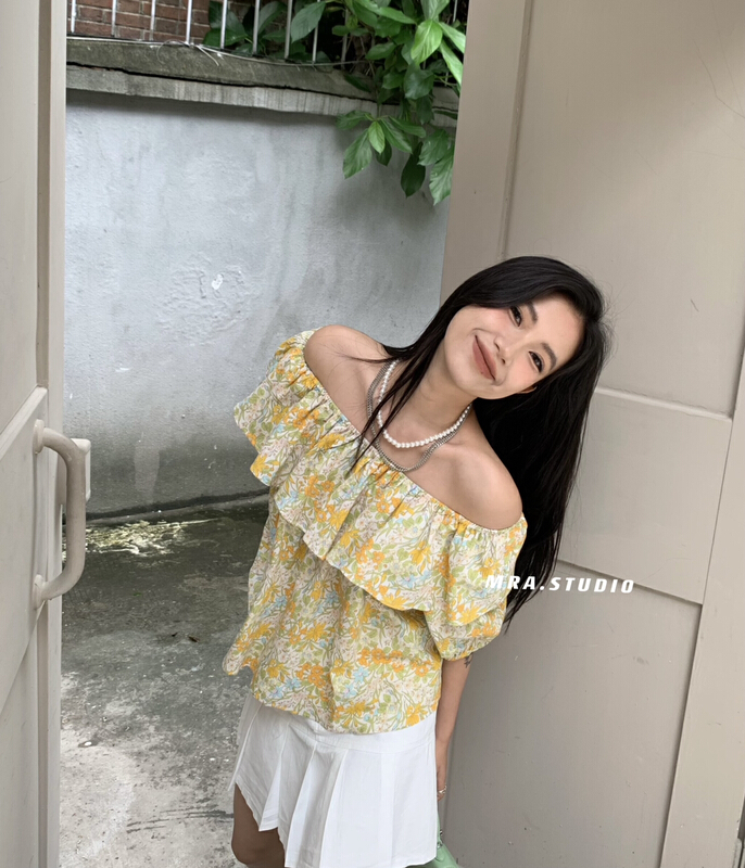 [MRA] idyllic off shoulder lotus leaf floral shirt l1107\cqw