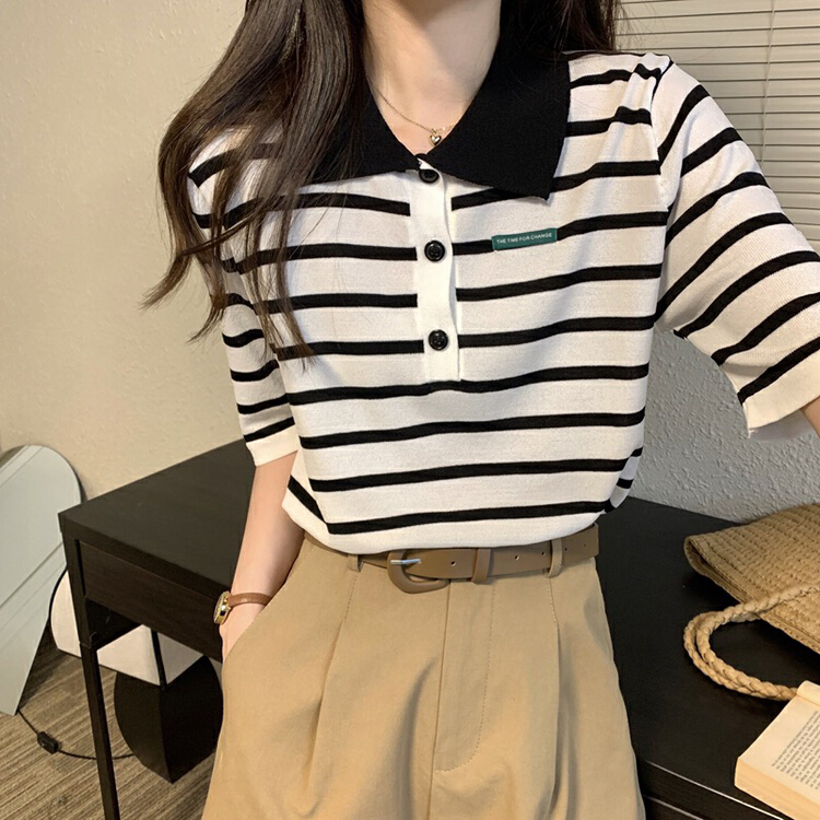 [f · P] Polo neck stripe contrast T-shirt 51057\hbx
