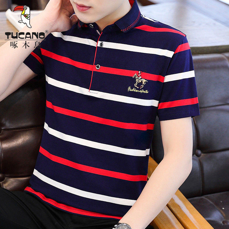 Summer cotton short sleeve men's new Striped Polo middle-aged and elderly Korean trendy Lapel casual T-shirt