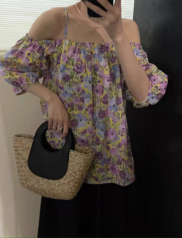 [jin.c] bubble sleeve sling off shoulder floral shirt z1528\xyy